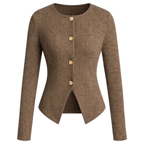 Women's Round Neck Slim Fitted Button Up Long Sleeve Ribbed Knit Cardigan Sweater Jacket, Lightweight Soft Skin-Friendly Business Casual Work Layering for Fall Winter Daily Coffee