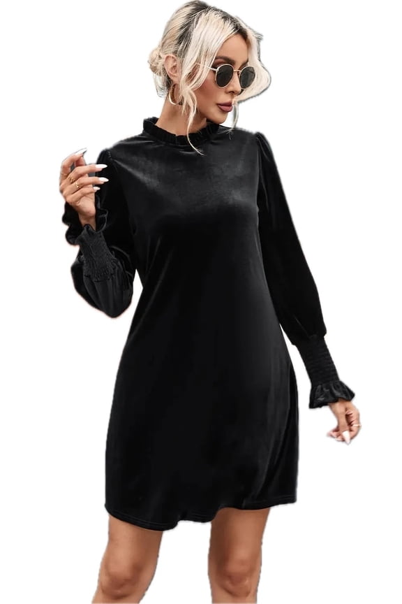 Women's Round Neck Smocked Long Sleeve Mini Dress with Sheer Ruffle Overlay Soft Stretch 95% Polyester 5% Elastane