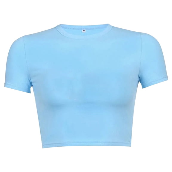 Women's Round Neck Solid Color Cropped T-Shirt, Summer Short Sleeve Knotted Hem Casual Top, Soft Stretchy Polyester Blend Tee for Daily Wear, Work, Dating, and Outdoor Activities Blue1 L
