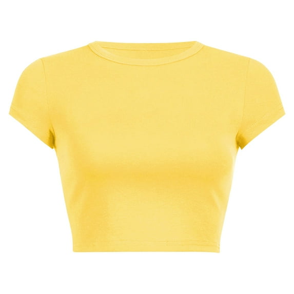 Women's Round Neck Solid Color Cropped T-Shirt, Summer Short Sleeve Knotted Hem Casual Top, Soft Stretchy Polyester Blend Tee for Daily Wear, Work, Dating, and Outdoor Activities Yellow M