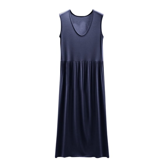 Women's Round Neck Solid Color Nightgowns Sleeveless 2025 Casual Sleep Dress Pleated Loose Comfy Home Skirt Nightshirt Ladies Silk Pajamas Blue M