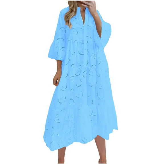 ZQUUVOU Women's Round Neck Solid Color Quarter Sleeved French V-Neck Flared Sleeve Hollowed Out Long Dress Blue