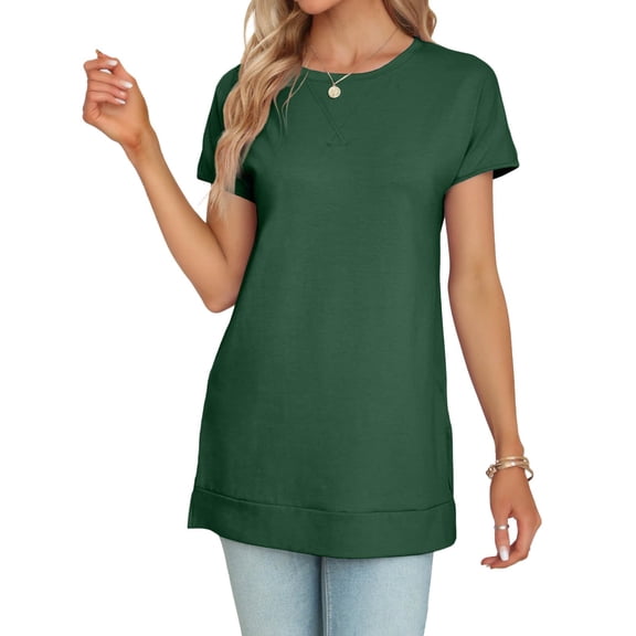 Women's Round Neck Solid Color T-Shirt Side Slit Casual Short-Sleeved Summer Sports Tunic Top