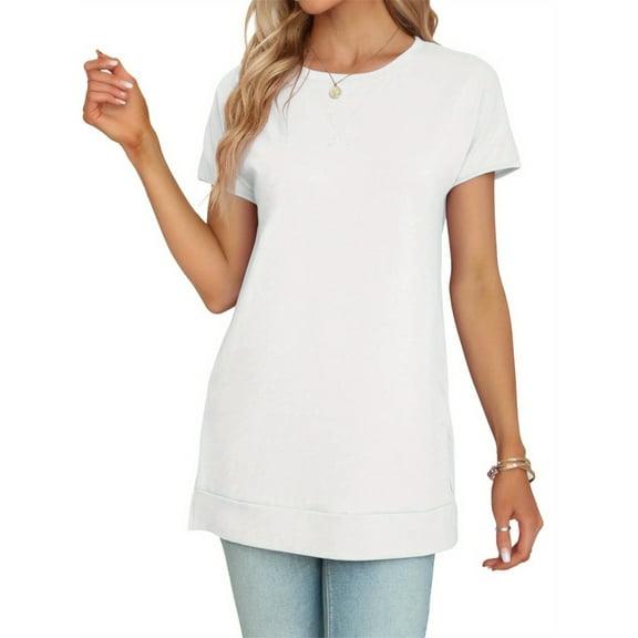 Women's Round Neck Solid Color T-Shirt Side Slit Casual Short-Sleeved Summer Sports Tunic Top