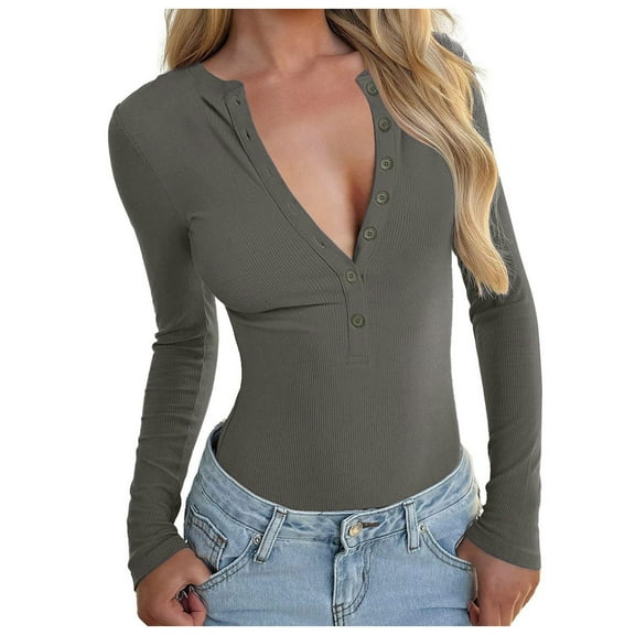 Women's Round Neck Solid Shirt with Button Long Sleeve Knit Ribbed Fitted Crop Tops Casual Dressy Basic Fashion Y2k Blouses