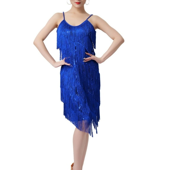 Women's Round Neck Spaghetti Straps Tassel Fringe Flapper Dress Vintage Gatsby Cocktail Dress 20s Ballroom Dancing