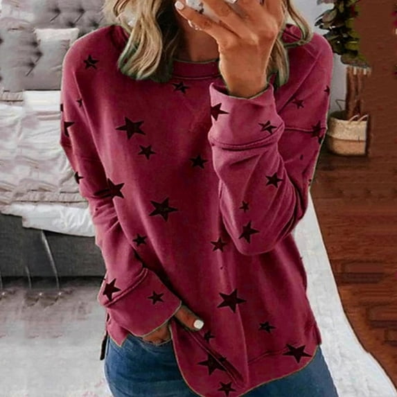 Women's Round Neck Star Print Top Stitching Fashion Large Size Long-sleeved Shirt