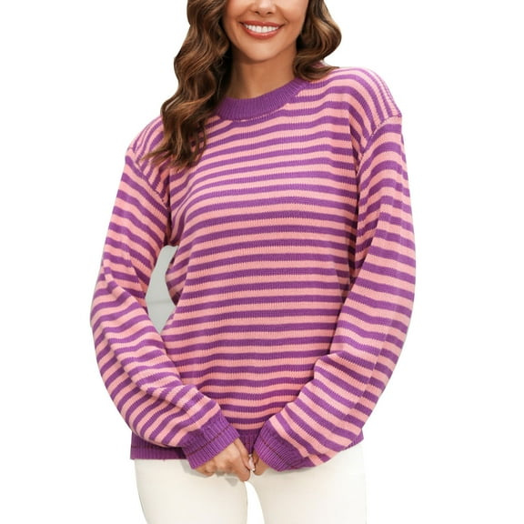 Women's Round Neck Striped Contrast Long Sleeve Knitted Sweater