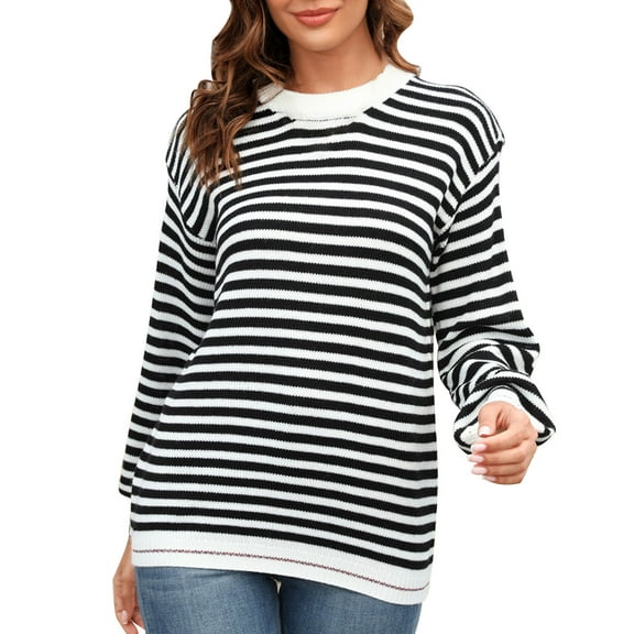 Women's Round Neck Striped Contrast Long Sleeve Knitted Sweater