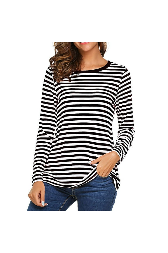 Women's Round Neck Striped T-Shirt, Long Tunic Sleeve Blouse Shirts for Casual and Everyday Wear, Comfortable and Stylish