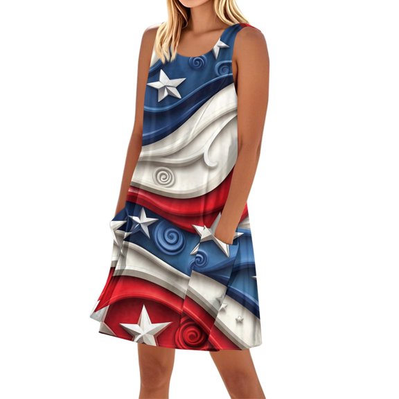 Women's Round Neck Sundress, Sleeveless Summer Casual Dress with Ruffled Hem and Independence Day Theme, Perfect for Picnics,Blue L