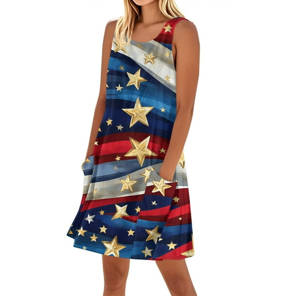 Women's Round Neck Sundress, Sleeveless Summer Casual Dress with Ruffled Hem and Independence Day Theme, Perfect for Picnics,Light Blue 2XL