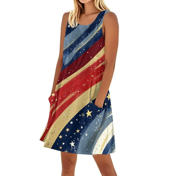 Women's Round Neck Sundress, Sleeveless Summer Casual Dress with Ruffled Hem and Independence Day Theme, Perfect for Picnics,Red XL
