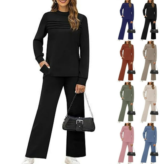 Women's Round Neck Sweatshirt Wide Leg Sweatpants Casual Suit Sportswear Set, for Winter Lounge and Sports Activities,Army Green,L