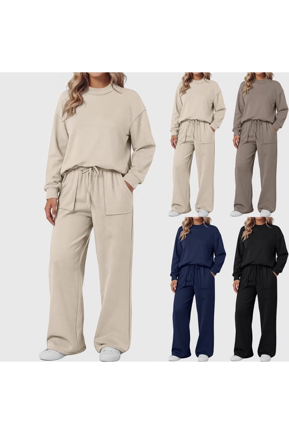 Women's Round Neck Sweatshirt Wide Leg Sweatpants Casual Suit Sportswear Set, for Winter Lounge and Sports Activities,Beige,L
