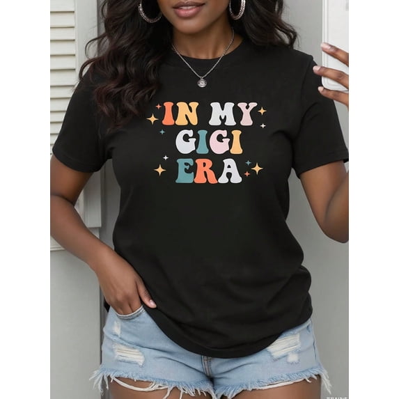 Women's Round Neck T-Shirt - Creative GIGI Letter Design, Casual Short-Sleeved Top, Machine Washable, Comfortable To Wear In Spring And Summer, Machine Washable