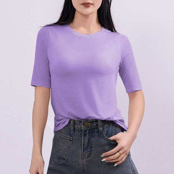 Women's Round-Neck T-shirt Casual Solid Color 1/2 Sleeve Tee Home Blouses