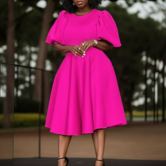 Women's Round Neck Temperament Puff Sleeves Waist Swing Light And Familiar Style A Line Dress Two Dress Rayon Summer Dress Women's Sleeveless Knee Length Dress Summer Dress for Women plus Size Long