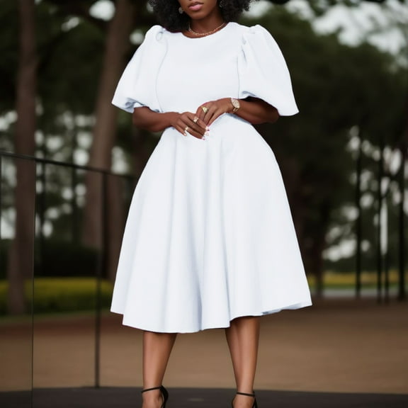 Women's Round Neck Temperament Puff Sleeves Waist Swing Light And Familiar Style A Line Dress Two Dress Rayon Summer Dress Women's Sleeveless Knee Length Dress Summer Dress for Women plus Size Long