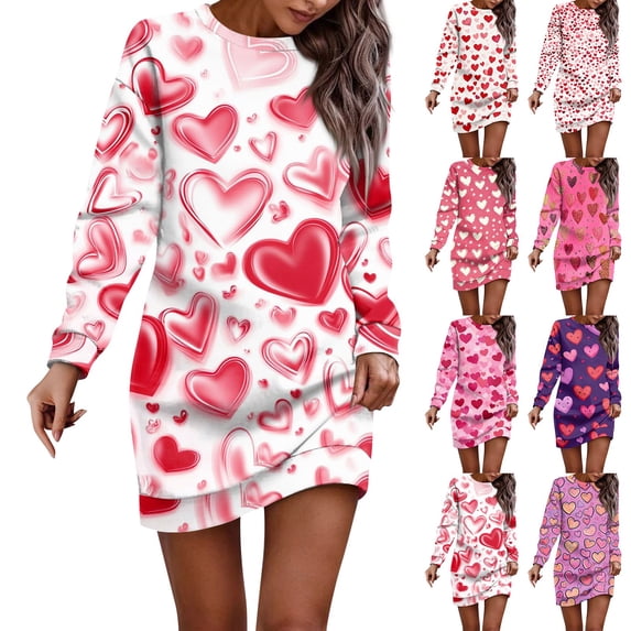 Women's Round Neck Valentine's Day Printed Long Sleeve Wrap Hip Dress Sweater Dresses, Fall and Winter Casual Wear for Romantic Occasions, Soft Fabric,Red,L