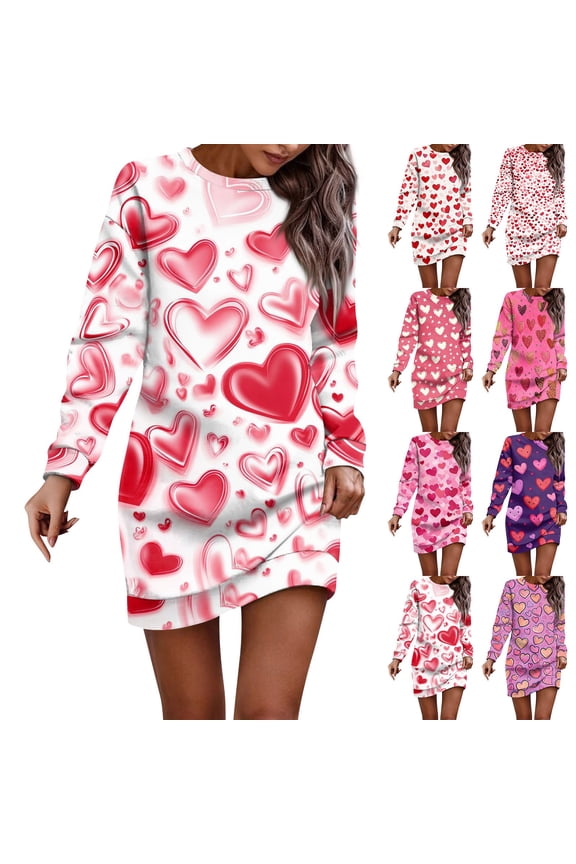 Women's Round Neck Valentine's Day Printed Long Sleeve Wrap Hip Dress Sweater Dresses, Fall and Winter Casual Wear for Romantic Occasions, Soft Fabric,Wine,S