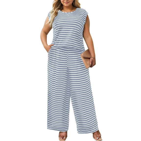 Women's Round Neck Vest Elastic Waist Wide Leg Pants Pajama Set Color Block Striped Lounge Wear Set