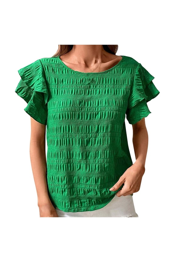 Women's Round Neck Y2K Tops Dressy Casual Ruffle Short Sleeve Tunic Tops Loose Fit Flowy Vintage Fashion Solid Color Elegant Smocked Blouse for Business Workwear Summer Clothes Green T Shirts S