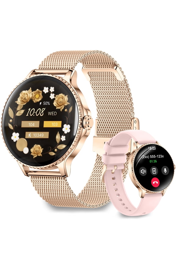 Women's Round Smartwatch | 1.27" HD Display, Bluetooth Calling, 120+ Sports Modes, IP68 Waterproof Fitness Tracker for Android & iOS - Gold Rose