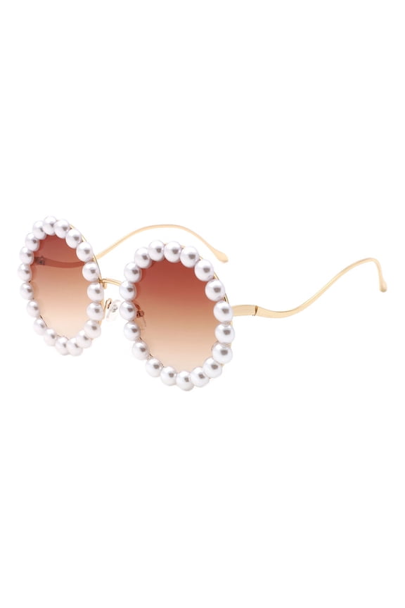 Women's Round Sunglasses Oversized Gold Metal Frame With Pearls UV400 Brown Lens