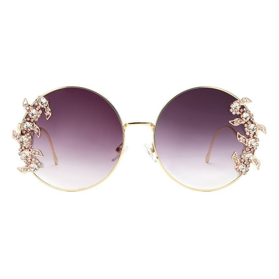 Women's Round Sunglasses Oversized Gold Metal Frame With Rhinestones UV400 Smoke