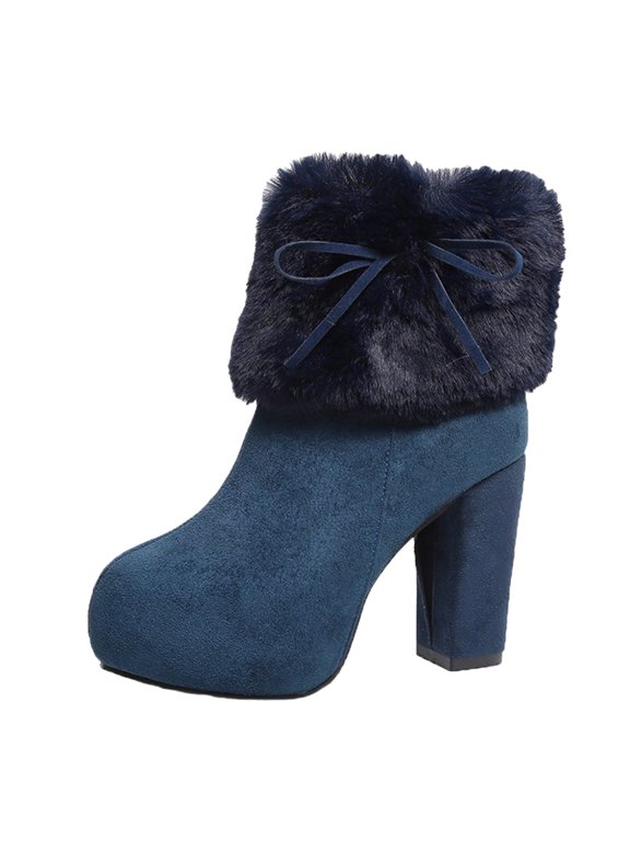 Women's Round Toe Ankle B𝗈𝗈𝑡𝑠 Fashion Bow Boot Winter Mid Calf S𝗇𝗈w B𝗈𝗈𝑡𝑠 Warm Furry F𝗅eece Dress Pump Booties Chun𝗄𝗒 High Heels Booties Outdoor Walking Booties