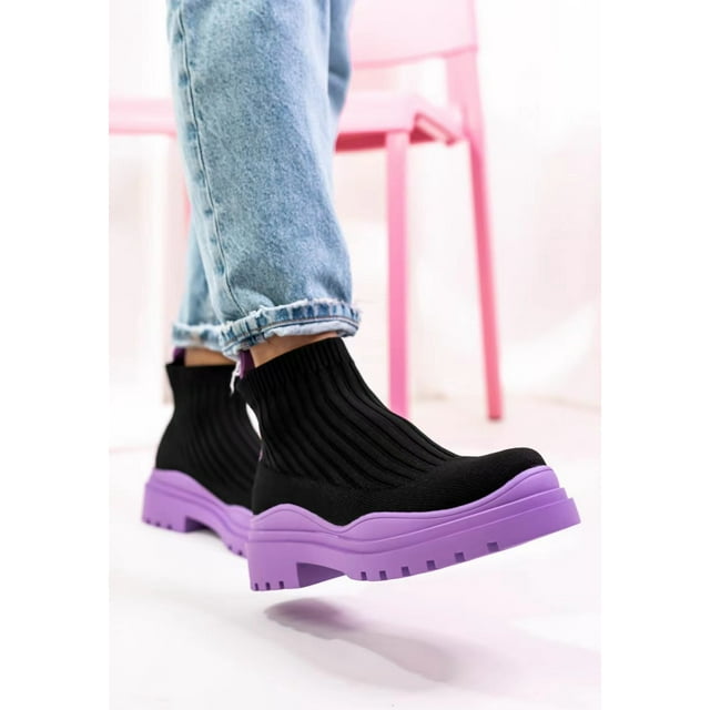 Women's Round Toe Ankle Boots Knit Sock Booties Flat bottom Slip On ...