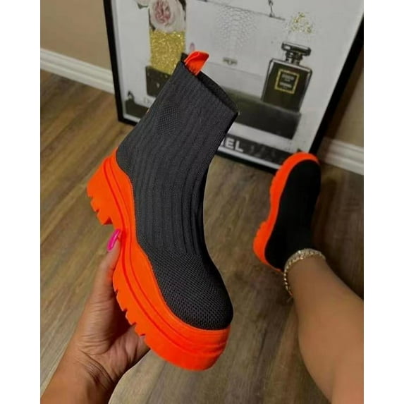 Women's Round Toe Ankle Boots Knit Sock Booties Flat bottom Slip On Ankle Boot Spring Fall Winter Womens Boots