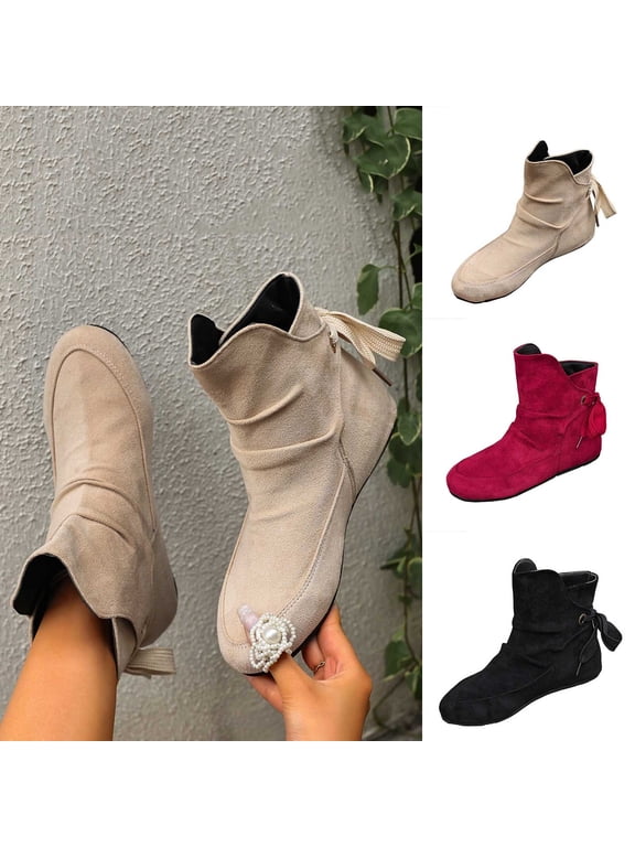 Women's Round Toe Ballet Flats Comfortable Bow Dressy Flats Shoes for Women Cameland Women's Fashionable And Casual Winter Round-Toe Short Flat Ankle Boots Black