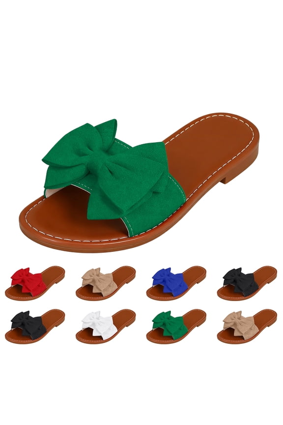 Women's Round Toe Bow Flat Sandals, Soft Slides Open-Toe Summer Slippers,37