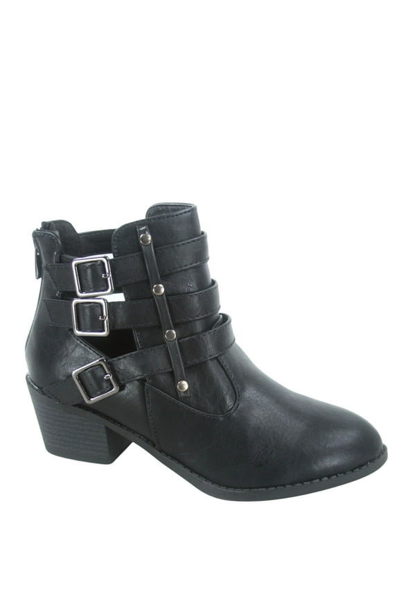 Women's Round Toe Buckles Zipper Low Heel Ankle Booties