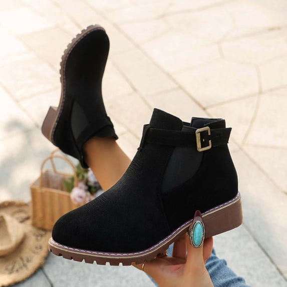 Women's Round Toe Chelsea Booties Chunky Block Heel Buckle Strap Suede Look Fall Winter Casual Boots Black 7.5