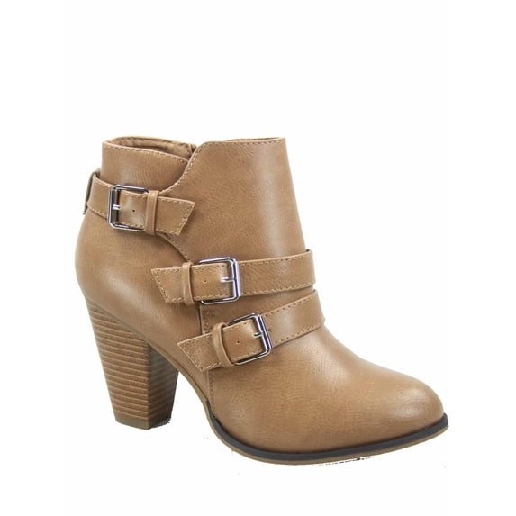 Women's Round Toe Faux Leather Strappy Buckles High Heel Ankle Booties