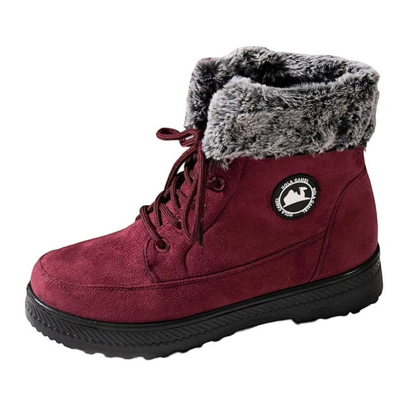 Women's Round Toe Flat Heel Lace Up Warm Plush Winter Set Wearing Mid Length Snow Boots Red 38