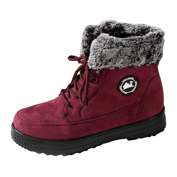 Women's Round Toe Flat Heel Lace Up Warm Plush Winter Set Wearing Mid Length Snow Boots Red 44