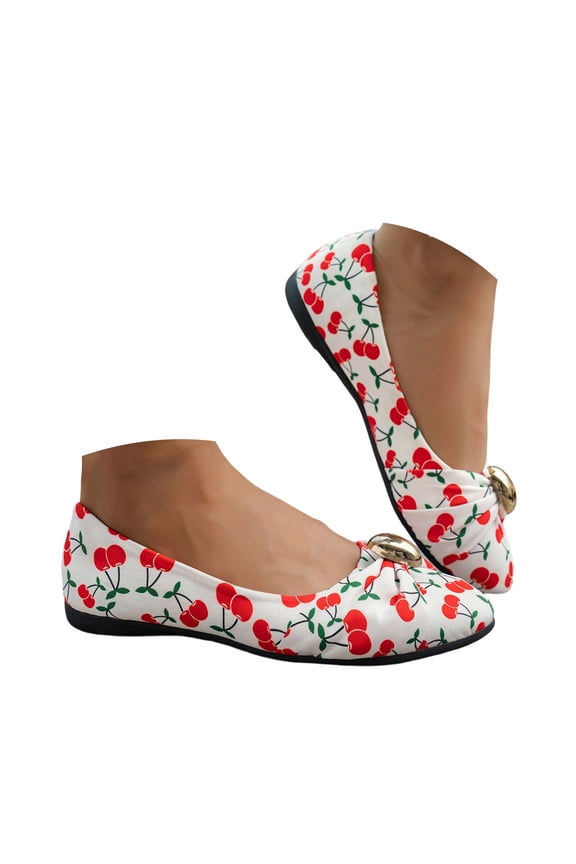 Women's Round Toe Flat Shoes Cherry Print Trendy Buckle Ballet Dance Shoes Ladies Fashion Dressy Casual Footwear White Size 7