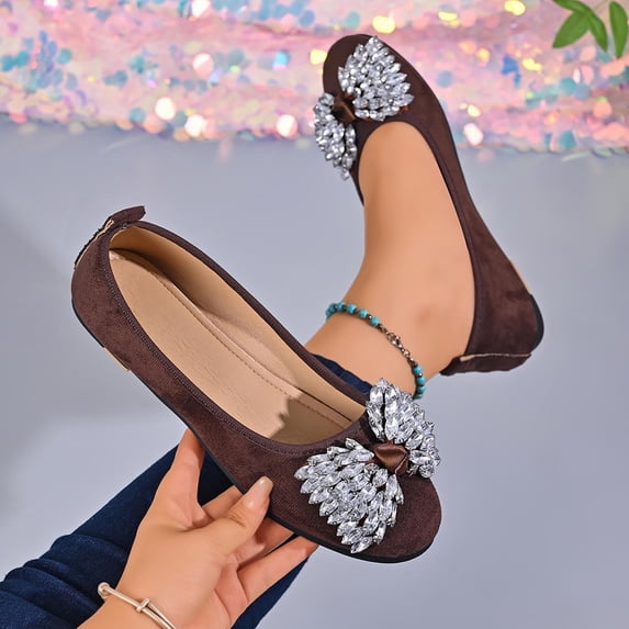 Women's Round Toe Flat Slip On Shoes, Sparkly Rhinestone Bow Decor Faux Suede Ballet Flats, Elegant Dress Shoes for Wedding Party