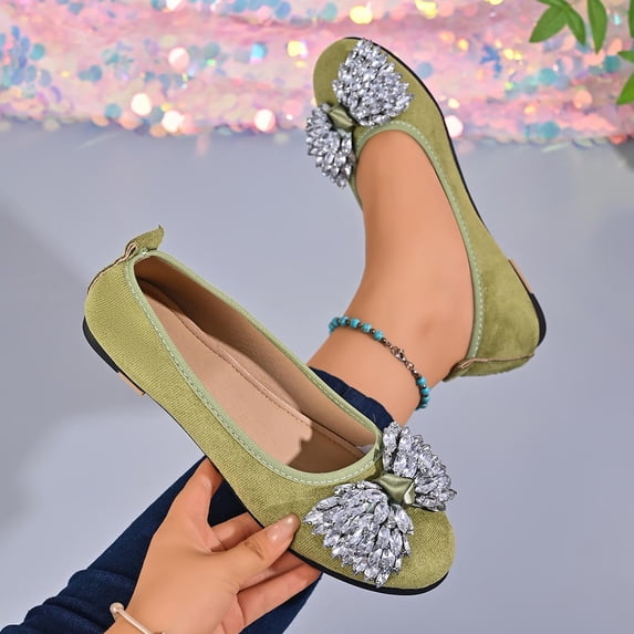 Women's Round Toe Flat Slip On Shoes, Sparkly Rhinestone Bow Decor Faux Suede Ballet Flats, Elegant Dress Shoes for Wedding Party