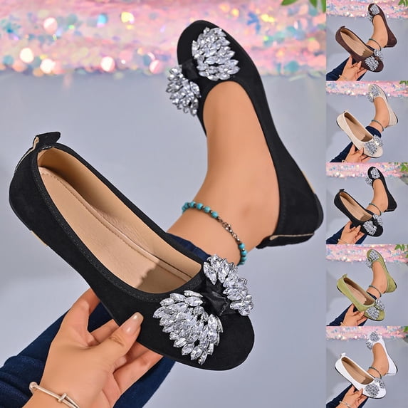 Women's Round Toe Flat Slip On Shoes, Sparkly Rhinestone Bow Decor Faux Suede Ballet Flats, Elegant Dress Shoes for Wedding Party