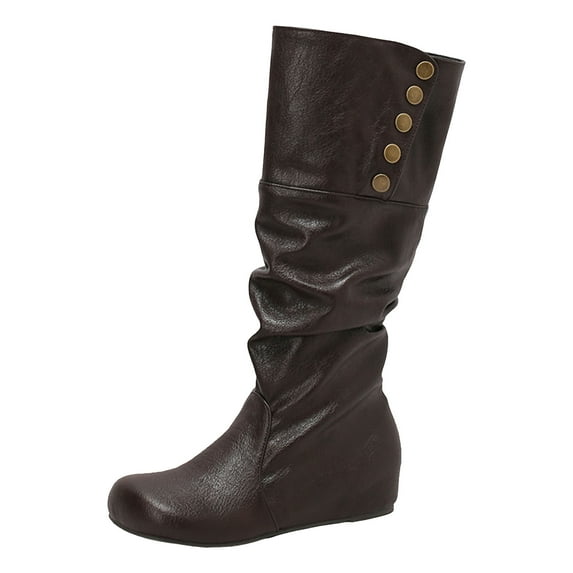 Women's Round Toe Knee High Boots Comfortable Wide Calf Leather Slouchy Fold Over Booties Hidden Wedge Slip On Riding Boots Brown Size 10