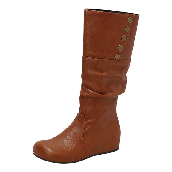 Women's Round Toe Knee High Boots Comfortable Wide Calf Leather Slouchy Fold Over Booties Hidden Wedge Slip On Riding Boots Orange Size 10.5