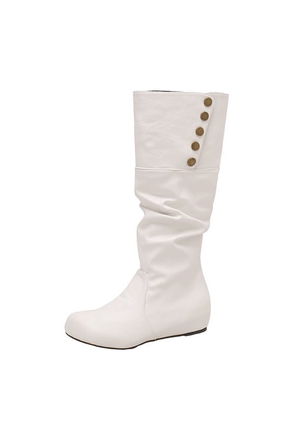 Women's Round Toe Knee High Boots Comfortable Wide Calf Leather Slouchy Fold Over Booties Hidden Wedge Slip On Riding Boots White Size 6