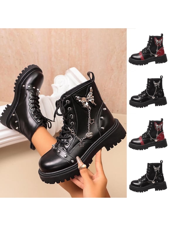 Women's Round Toe Lace up Ankle Boots Butterfly Chain Mid Heel Thick Platform PU Short Boots Fall Winter Punk Comfort Boots for Women Red
