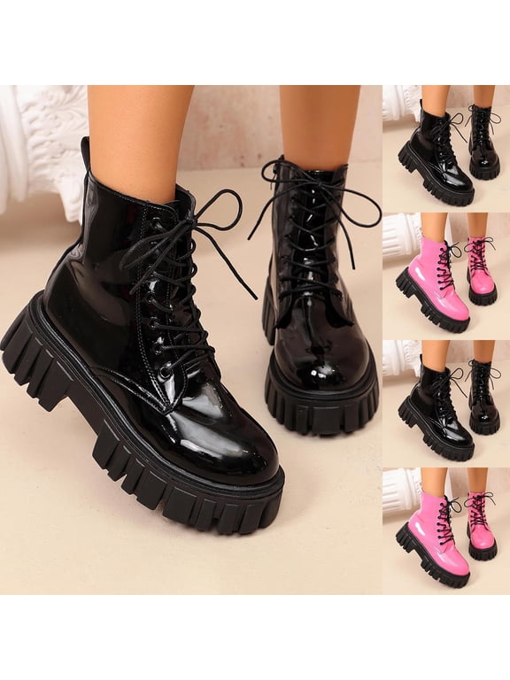 Women's Round Toe Lace up Mid Heel Comfortable Ankle Boots Glossy Patent PU Leather Short Boots with Side Zipper for Street Daily Wear Hot Pink