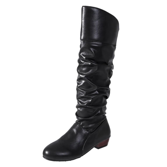Women's Round Toe Low Heel Knee High Boots PU Leather Slouchy Slip on Comfortable Plus Size Fall Winter Boots for Casual Outdoor Wear Black